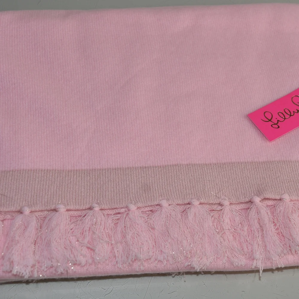 Lilly Pulitzer Take Me Away Cashmere Wrap Tassels Lurex Pink Gold Women's Scarf - Picture 5 of 11